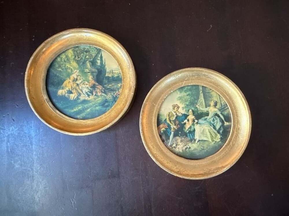Vintage Pair of Round Giltwood Framed Italian Art Prints, each 6.5” wide